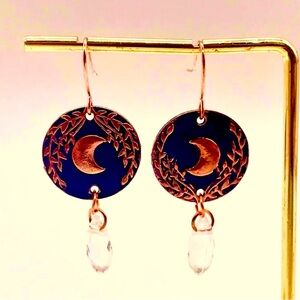 New,Little Drops w/Copper Leafed Moons on Black Disc w/Crystals